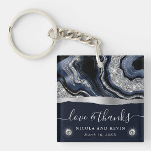 Elegant Blue Foil and Silver Glitter Agate Wedding Key Ring