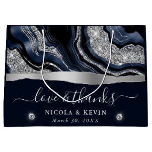 Elegant Blue Foil and Silver Glitter Agate Wedding Large Gift Bag