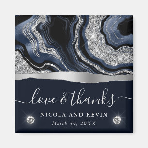 Elegant Blue Foil and Silver Glitter Agate Wedding Magnet