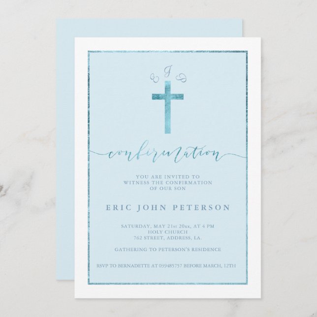 Elegant blue foil cross boy monogram confirmation invitation (Front/Back)