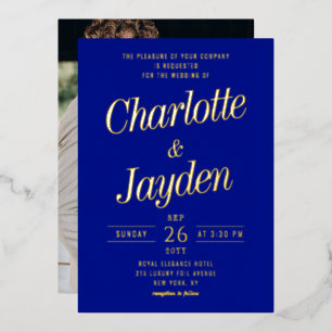 Elegant Blue Foil Script Photo Wedding