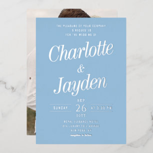 Elegant Blue Foil Script Photo Wedding