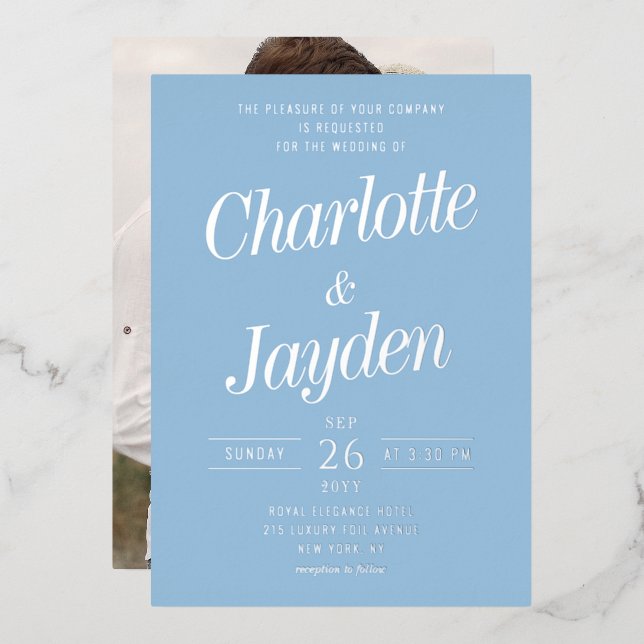 Elegant Blue Foil Script Photo Wedding (Front/Back)