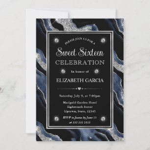 Elegant blue Foil & Silver Glitter Agate Sweet 16 Invitation