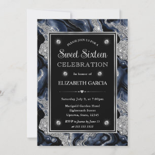 Elegant blue Foil & Silver Glitter Agate Sweet 16 Invitation