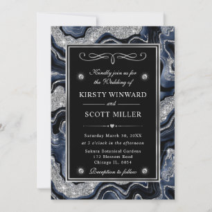 Elegant Blue Foil & Silver Glitter Agate Wedding Invitation