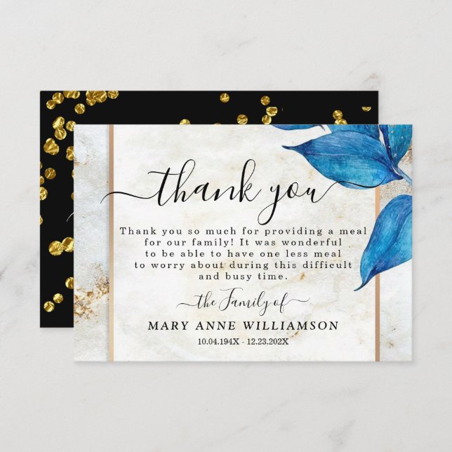Elegant Blue Foliage Funeral Food Thank You Card (Front/Back)