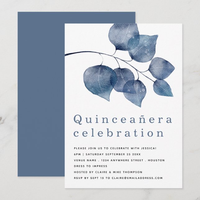 Elegant Blue Foliage Quinceanera Invitation (Front/Back)