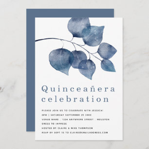 Elegant Blue Foliage Quinceanera Invitation