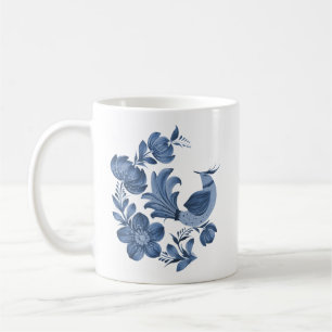 Elegant Blue Folk Art Bird and Floral Custom Greet Coffee Mug