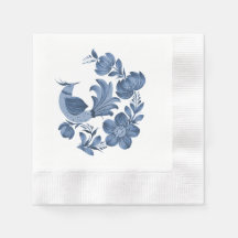 Elegant Blue Folk Art Bird and Floral
