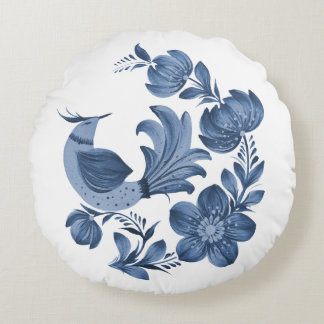 Elegant Blue Folk Art Bird and Floral Round Cushion