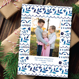 Elegant Blue Folk Watercolor Christmas Photo Holiday Card