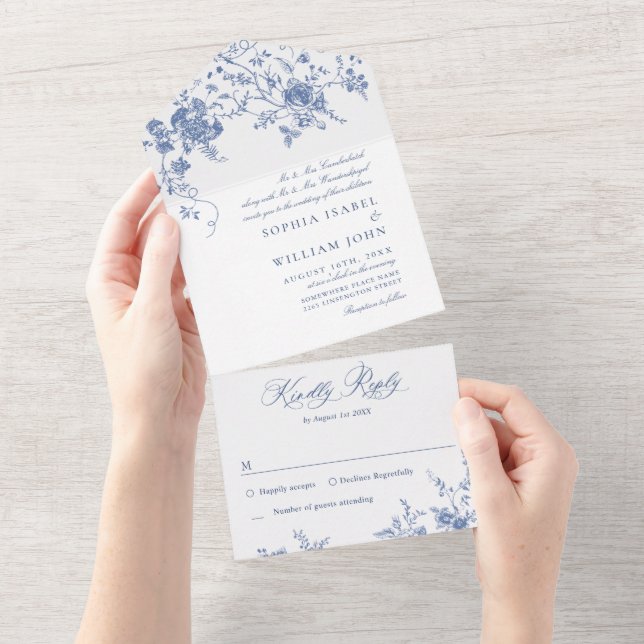Elegant Blue France Garden Flowers Wedding All In One Invitation (Tearaway)