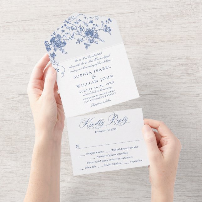 Elegant Blue France Garden Flowers Wedding All In One Invitation (Tearaway)