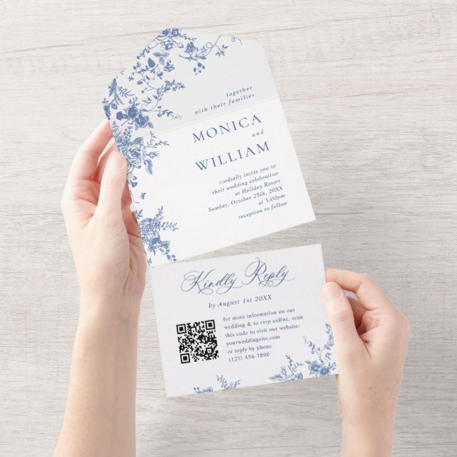 Elegant Blue France Garden Flowers Wedding QR code All In One Invitation (Tearaway)