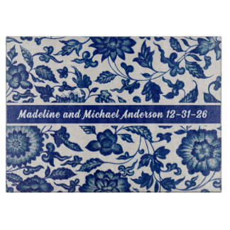 Elegant Blue French Country Chinoiserie Names Year Cutting Board
