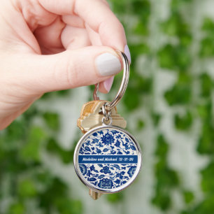 Elegant Blue French Country Toile Chinoiserie Key Ring