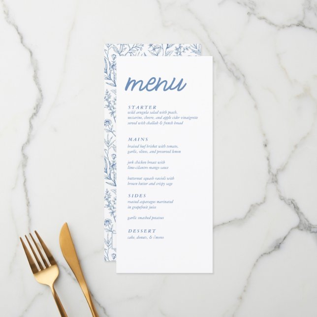 Elegant Blue French Floral Baby Shower Menu (Front/Back In Situ)