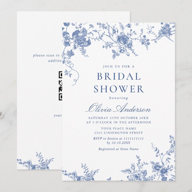 Elegant Blue French Garden BRIDAL SHOWER QR code Invitation (Front/Back)