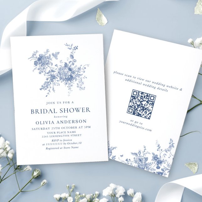 Elegant Blue French Garden BRIDAL SHOWER QR code Invitation (Creator Uploaded)