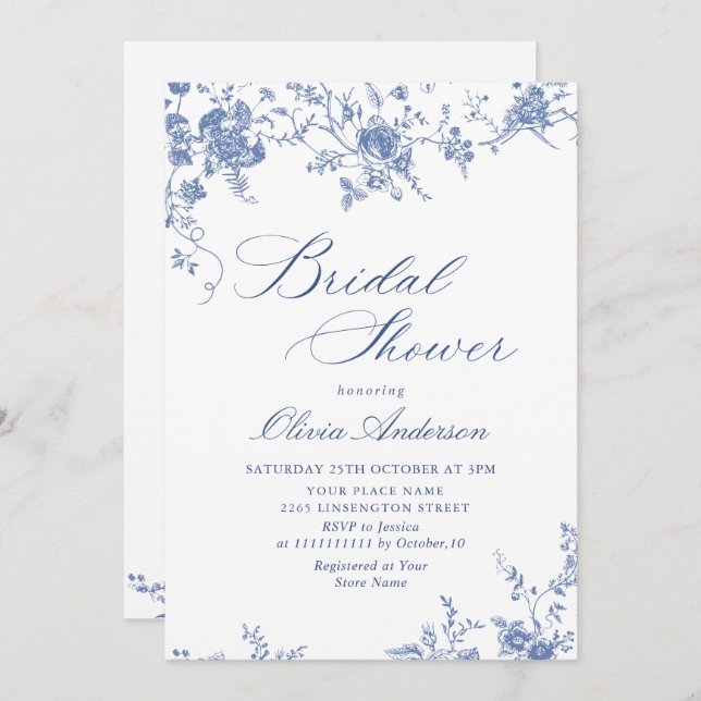 Elegant Blue French Garden BRIDAL SHOWER QR code Invitation (Front/Back)
