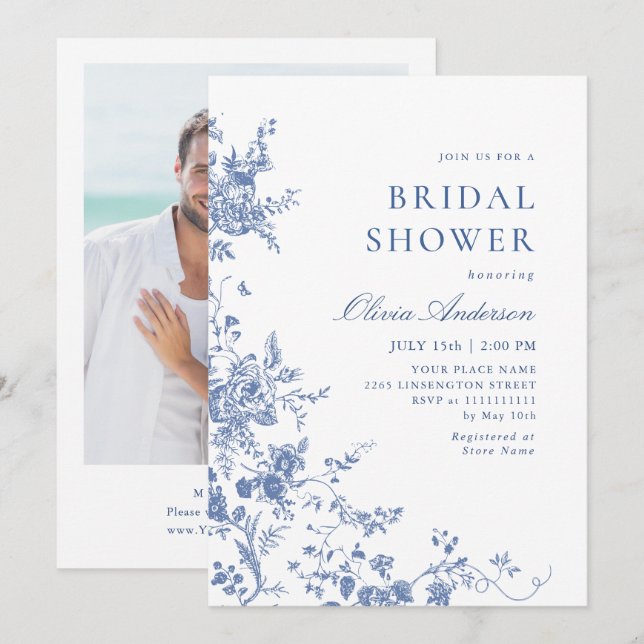 Elegant Blue French Garden Floral BRIDAL SHOWER Invitation (Front/Back)