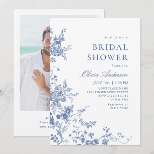 Elegant Blue French Garden Floral BRIDAL SHOWER Invitation