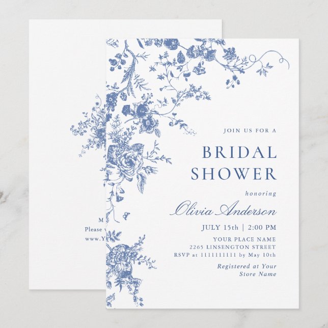 Elegant Blue French Garden Floral BRIDAL SHOWER Invitation (Front/Back)