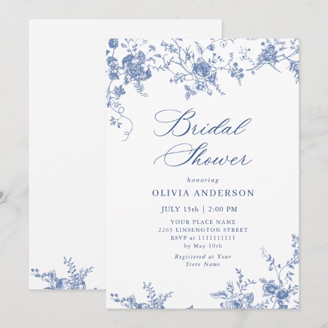 Elegant Blue French Garden Floral BRIDAL SHOWER Invitation (Front/Back)