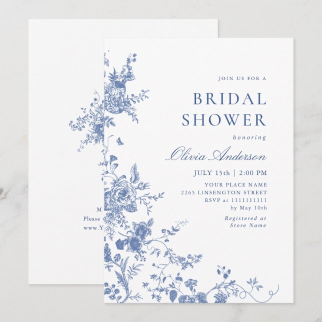 Elegant Blue French Garden Floral BRIDAL SHOWER Invitation (Front/Back)