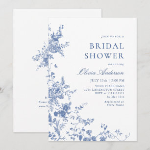 Elegant Blue French Garden Floral BRIDAL SHOWER Invitation