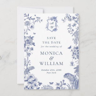 Elegant Blue French Garden Floral Monogram Wedding Save The Date