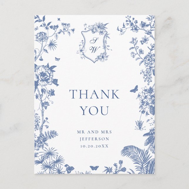 Elegant Blue French Garden Floral Thank You Postcard (Front)