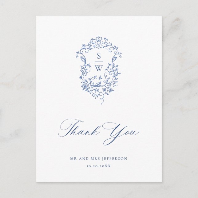 Elegant Blue French Garden Floral Thank You Postcard (Front)