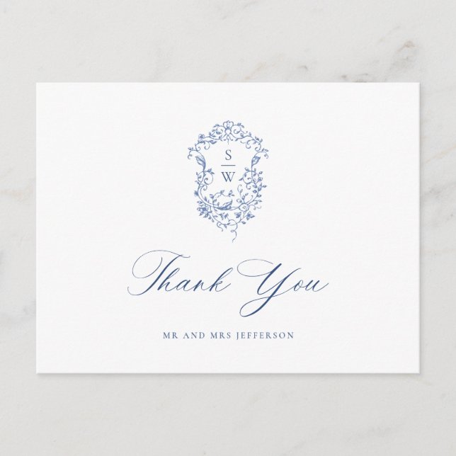 Elegant Blue French Garden Floral Thank You Postcard (Front)