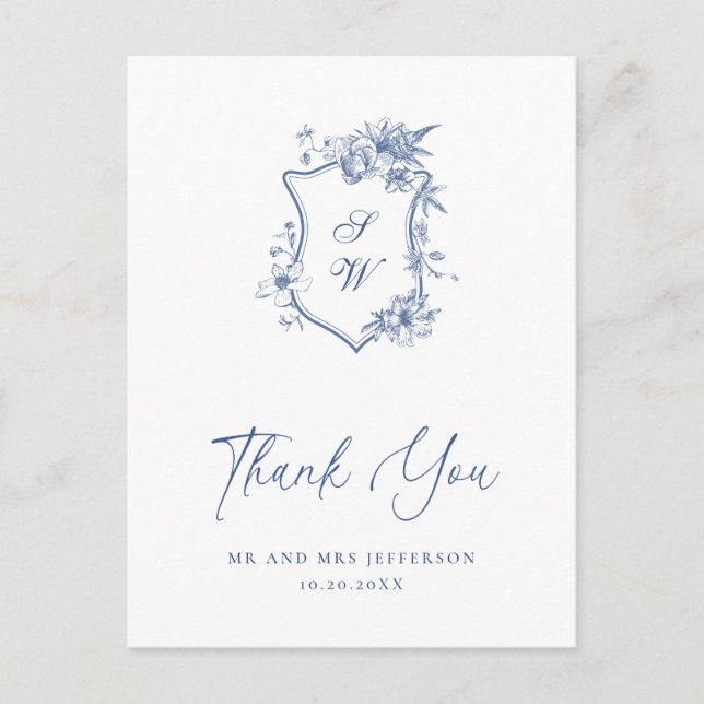 Elegant Blue French Garden Floral Thank You Postcard (Front)