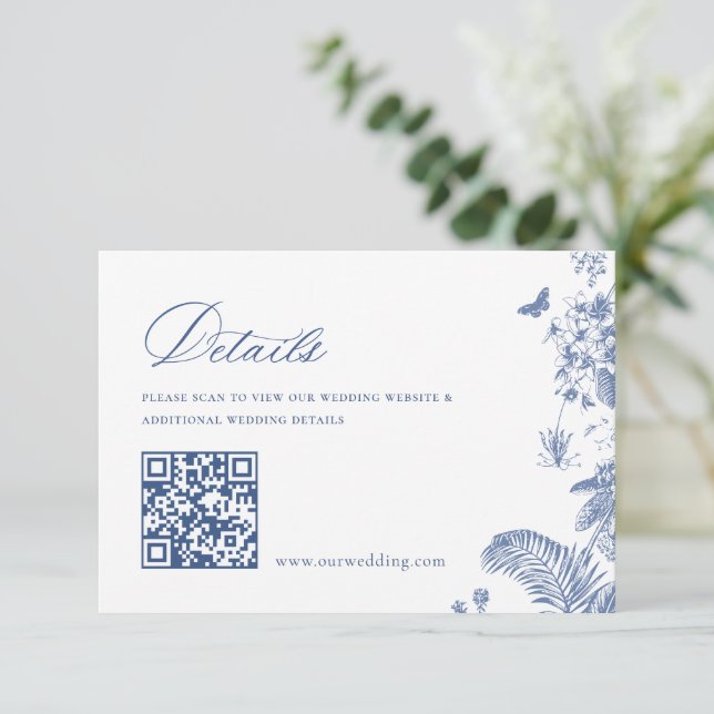 Elegant Blue French Garden Floral Wedding Details  Enclosure Card (Standing Front)