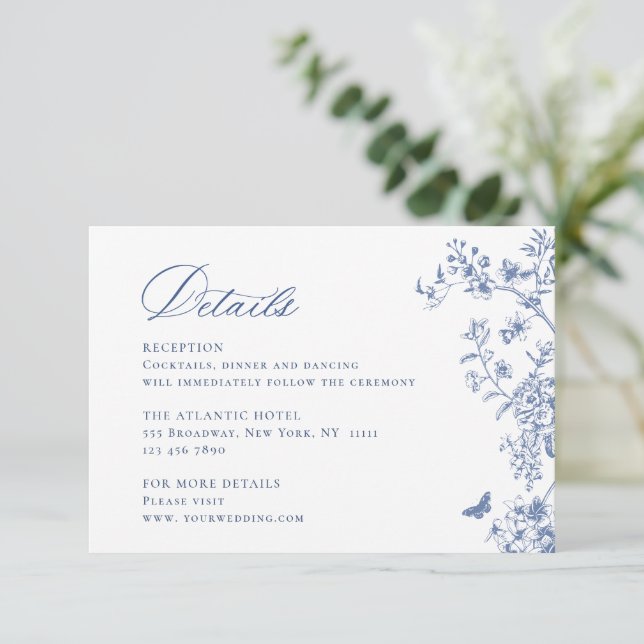 Elegant Blue French Garden Floral Wedding Details Enclosure Card (Standing Front)
