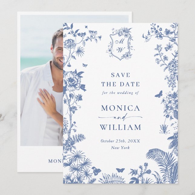 Elegant Blue French Garden Floral Wedding Photo Save The Date (Front/Back)