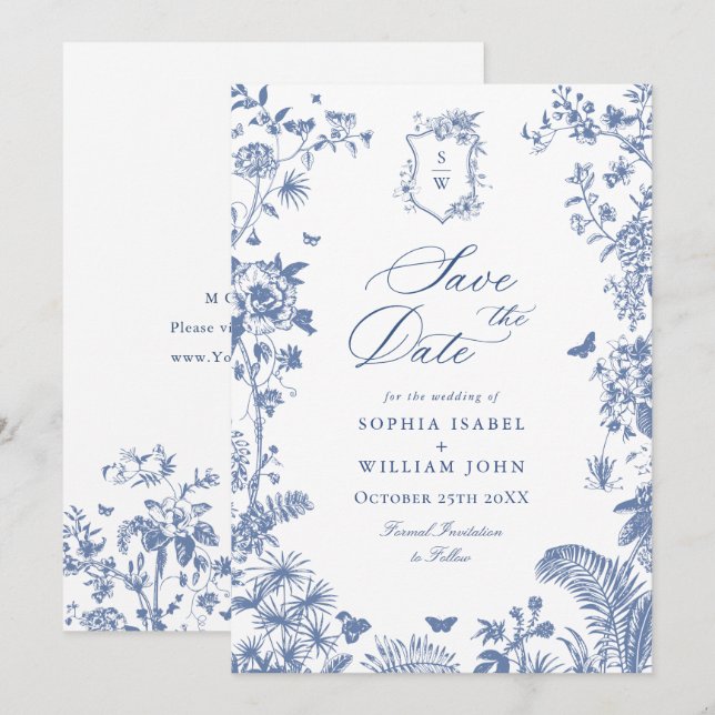 Elegant Blue French Garden Floral Wedding Photo Save The Date (Front/Back)