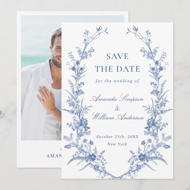Elegant Blue French Garden Floral Wedding Photo Save The Date (Front/Back)