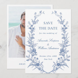 Elegant Blue French Garden Floral Wedding Photo Save The Date