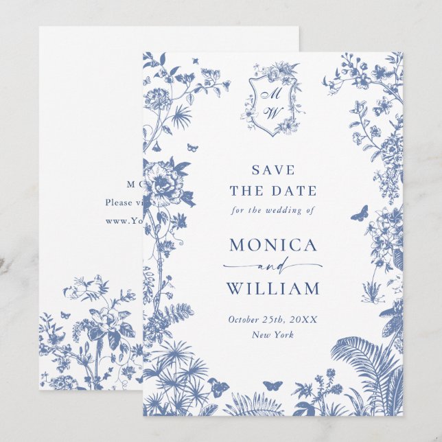 Elegant Blue French Garden Floral Wedding Photo Save The Date (Front/Back)