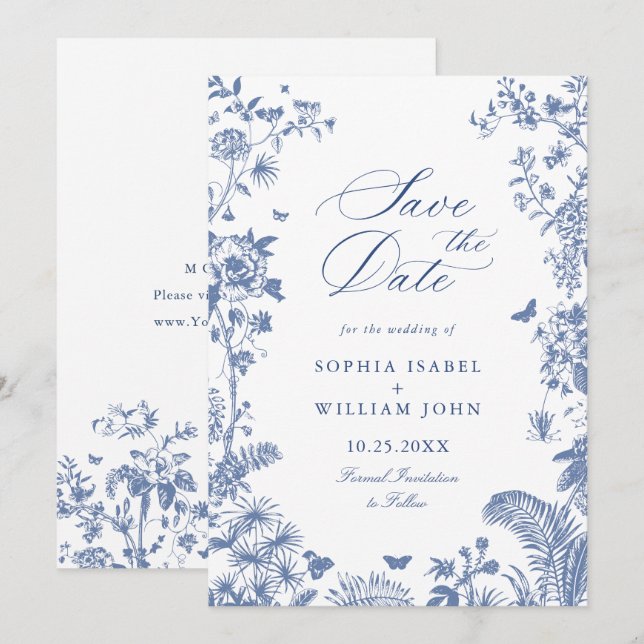 Elegant Blue French Garden Floral Wedding Photo Save The Date (Front/Back)