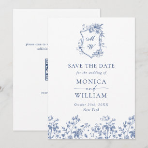Elegant Blue French Garden Floral Wedding QR code Save The Date