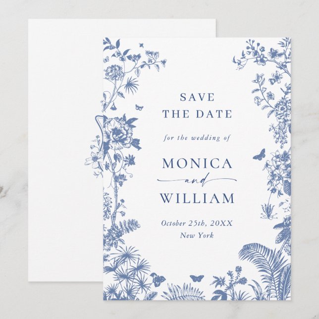 Elegant Blue French Garden Floral Wedding Save The Date (Front/Back)
