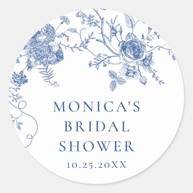 Elegant Blue French Garden Flowers Bridal Shower Classic Round Sticker (Front)