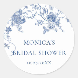 Elegant Blue French Garden Flowers Bridal Shower Classic Round Sticker