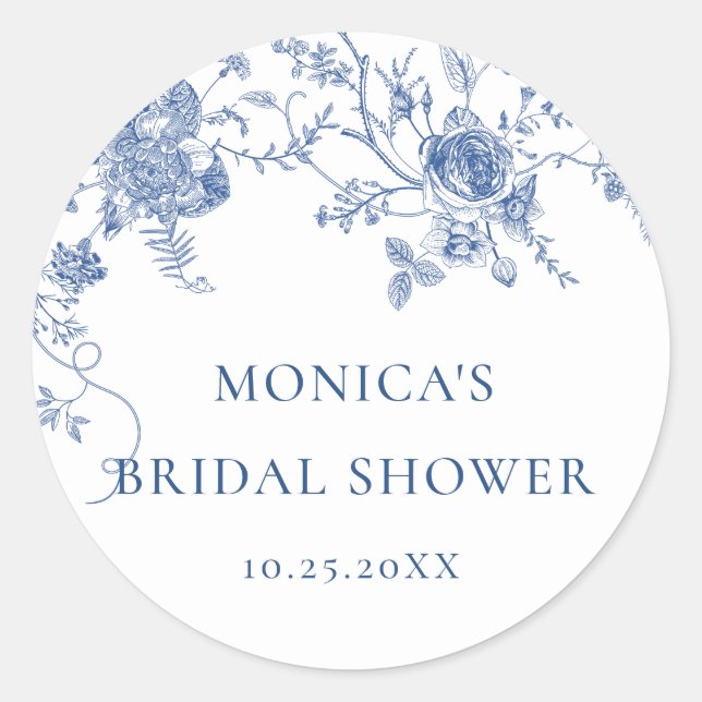 Elegant Blue French Garden Flowers Bridal Shower Classic Round Sticker (Front)